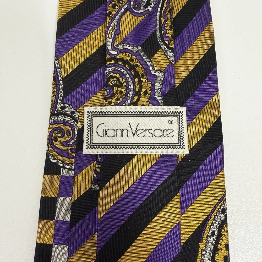 Gianni Versace Men's Vtg Tie Purple/Gold Harlequin Check Paisley Silk 3.5